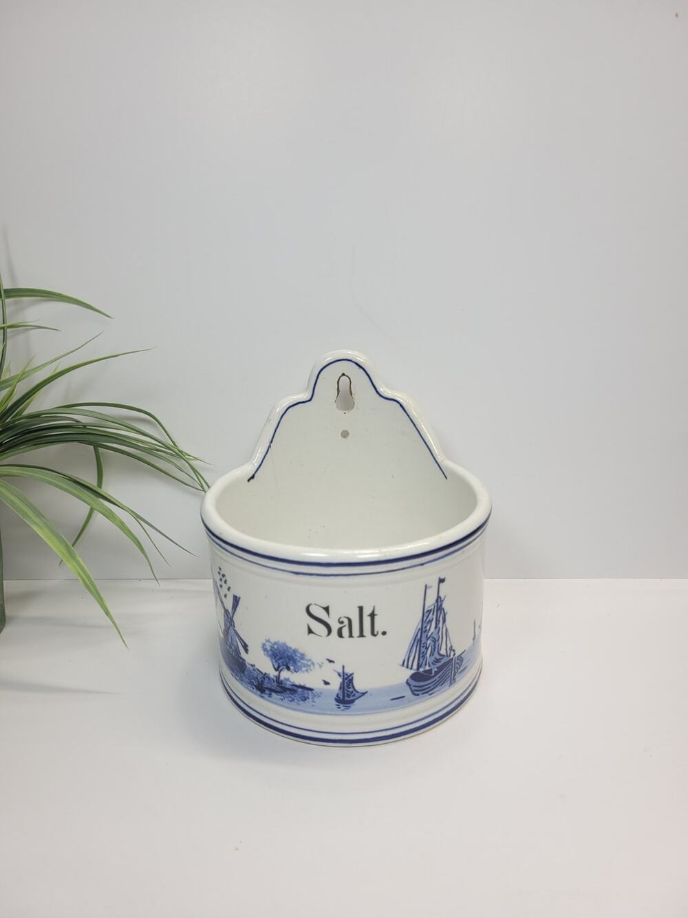 Vtg Delft Blue Ceramic Wall Mounted Salt Box Cellar Windmill Sailboat Germany